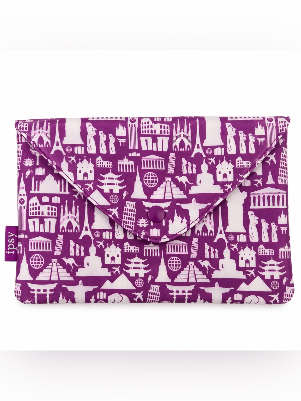 Ipsy Purple Travel Landmarks Cosmetic Bag Makeup Pouch Envelope Snap Closure
